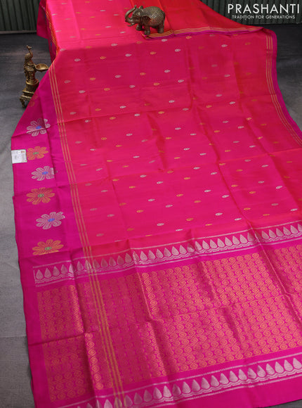 Pure uppada silk saree dual shade of pinkish orange and pink with silver & gold zari woven buttas and zari woven floral design butta border