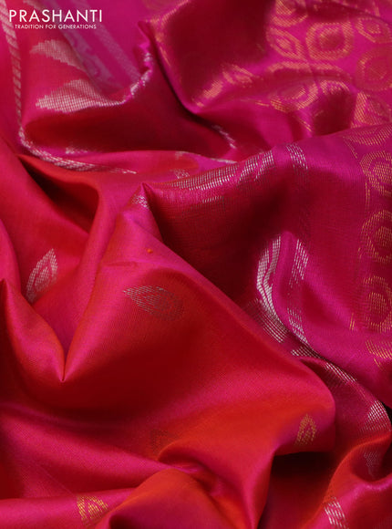 Pure uppada silk saree dual shade of pinkish orange and pink with silver & gold zari woven buttas and zari woven floral design butta border