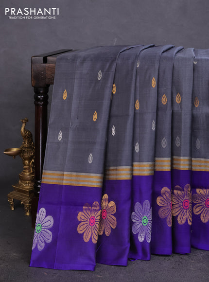 Pure uppada silk saree grey and dark blue with silver & gold zari woven buttas and zari woven floral design butta border