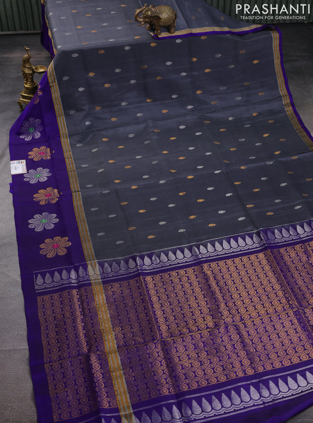 Pure uppada silk saree grey and dark blue with silver & gold zari woven buttas and zari woven floral design butta border