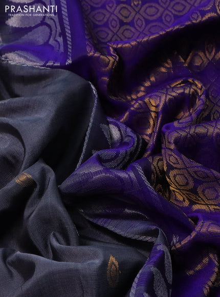 Pure uppada silk saree grey and dark blue with silver & gold zari woven buttas and zari woven floral design butta border