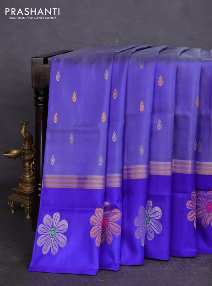 Pure uppada silk saree blue shade with silver & gold zari woven buttas and zari woven floral design butta border