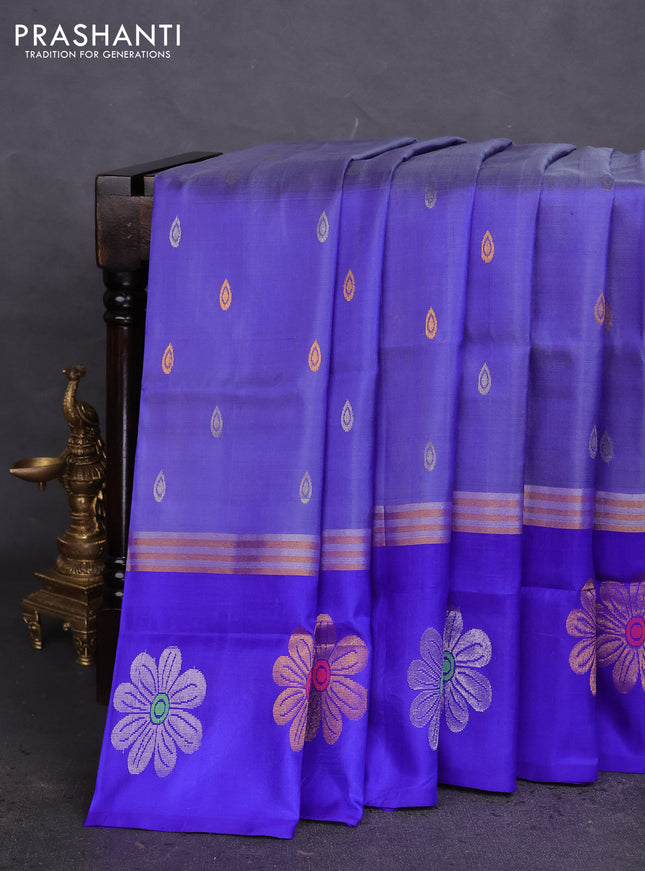Pure uppada silk saree blue shade with silver & gold zari woven buttas and zari woven floral design butta border