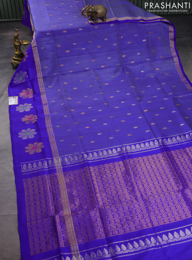 Pure uppada silk saree blue shade with silver & gold zari woven buttas and zari woven floral design butta border