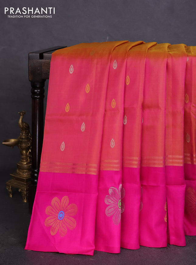 Pure uppada silk saree dual shade of mustard and pink with silver & gold zari woven buttas and zari woven floral design butta border