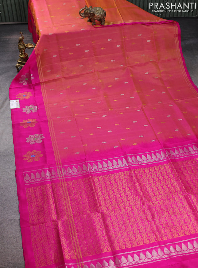 Pure uppada silk saree dual shade of mustard and pink with silver & gold zari woven buttas and zari woven floral design butta border