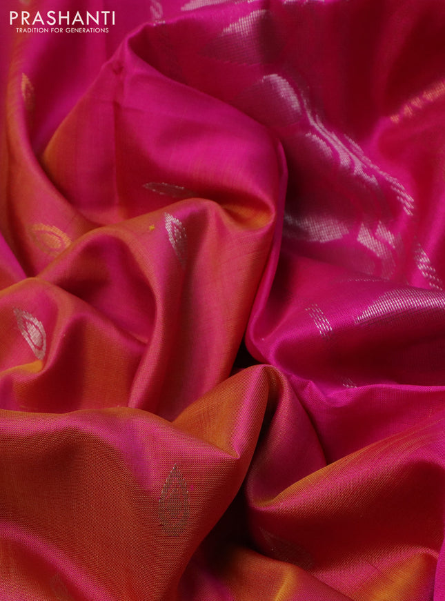 Pure uppada silk saree dual shade of mustard and pink with silver & gold zari woven buttas and zari woven floral design butta border