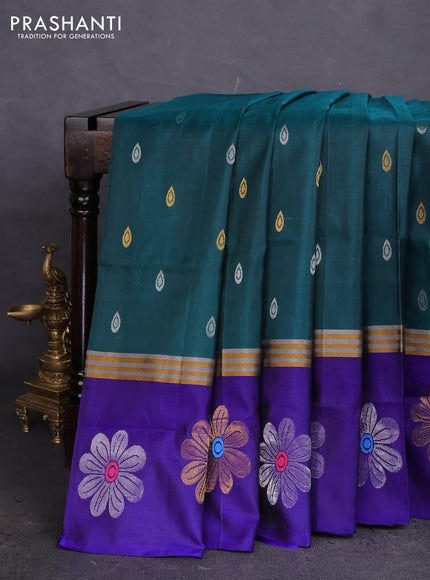 Pure uppada silk saree green and blue with silver & gold zari woven buttas and zari woven floral design butta border