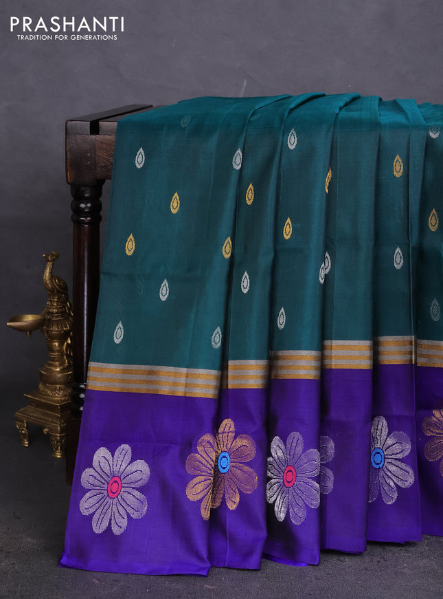 Pure uppada silk saree green and blue with silver & gold zari woven buttas and zari woven floral design butta border
