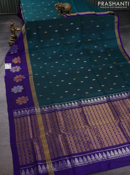 Pure uppada silk saree green and blue with silver & gold zari woven buttas and zari woven floral design butta border