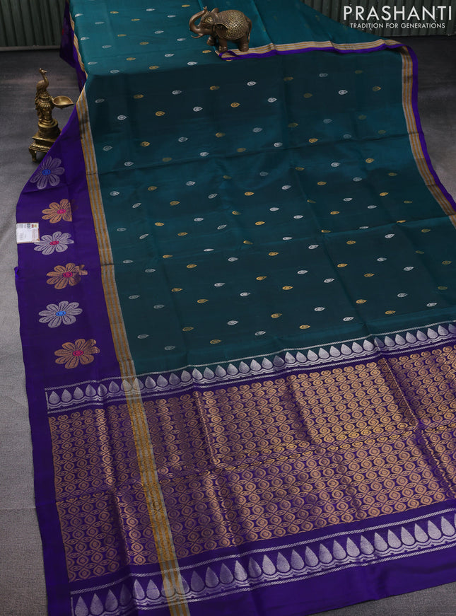 Pure uppada silk saree green and blue with silver & gold zari woven buttas and zari woven floral design butta border