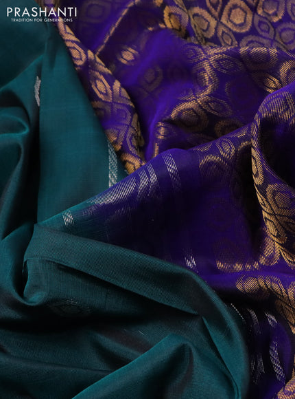 Pure uppada silk saree green and blue with silver & gold zari woven buttas and zari woven floral design butta border
