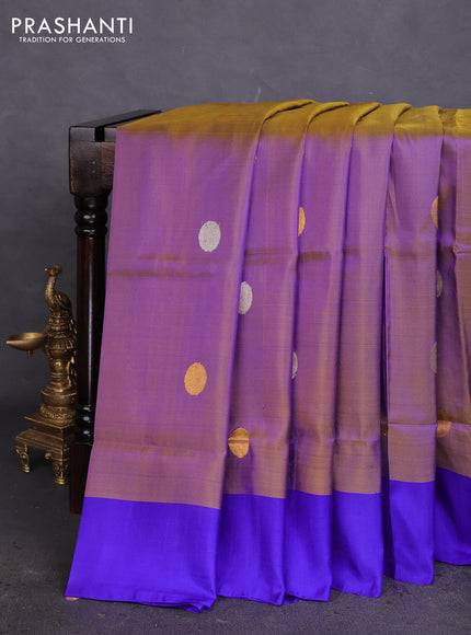 Pure uppada silk saree dual shade of bluish green and blue with silver & gold coin buttas and simple border