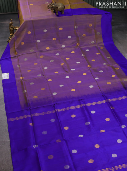 Pure uppada silk saree dual shade of bluish green and blue with silver & gold coin buttas and simple border
