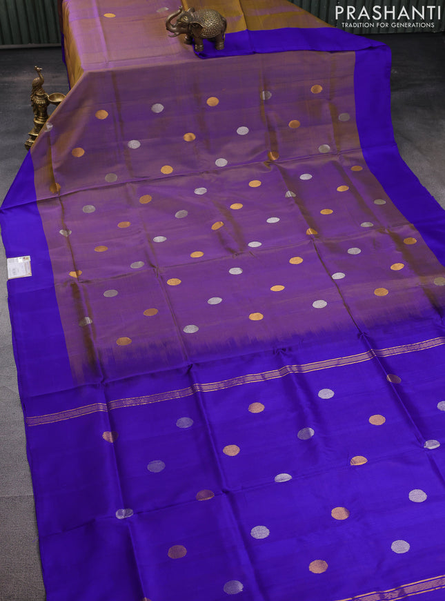 Pure uppada silk saree dual shade of bluish green and blue with silver & gold coin buttas and simple border