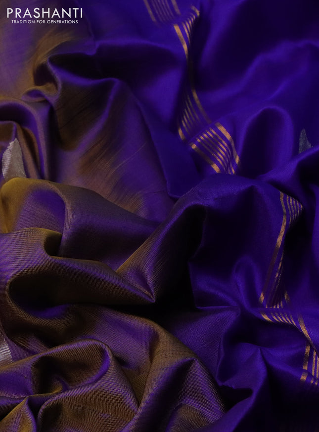 Pure uppada silk saree dual shade of bluish green and blue with silver & gold coin buttas and simple border