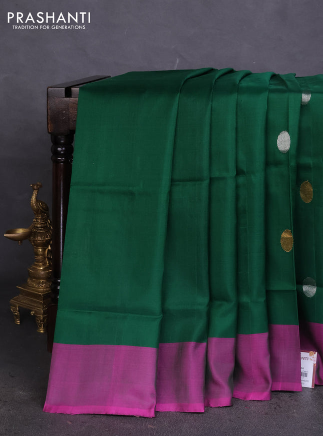 Pure uppada silk saree green and dual shade of purple with silver & gold coin buttas and simple border