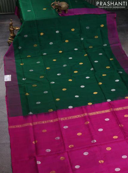 Pure uppada silk saree green and dual shade of purple with silver & gold coin buttas and simple border