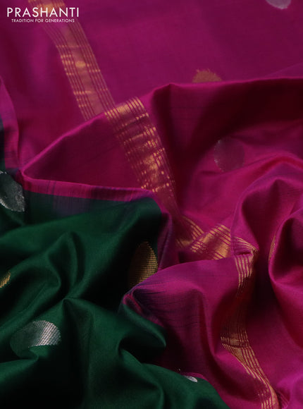 Pure uppada silk saree green and dual shade of purple with silver & gold coin buttas and simple border