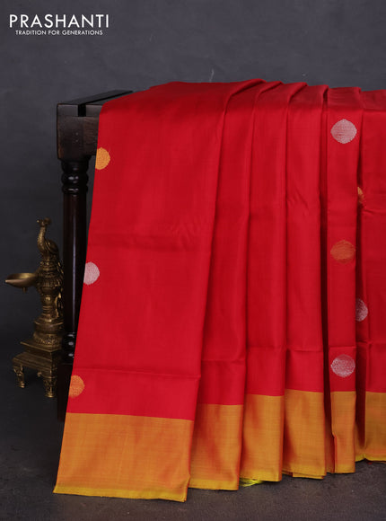 Pure uppada silk saree red and mustard yellow with silver & gold coin buttas and simple border