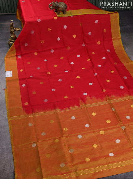 Pure uppada silk saree red and mustard yellow with silver & gold coin buttas and simple border