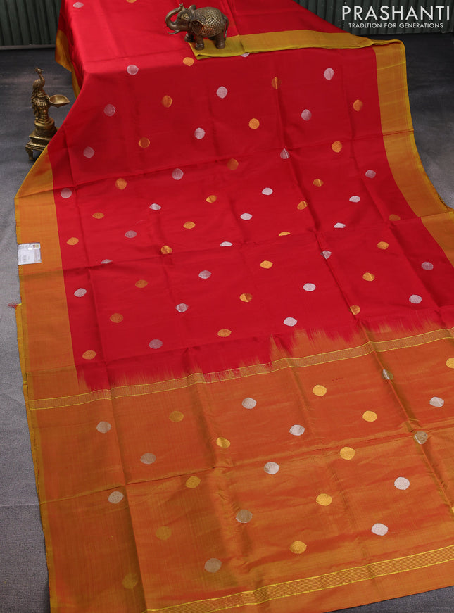 Pure uppada silk saree red and mustard yellow with silver & gold coin buttas and simple border