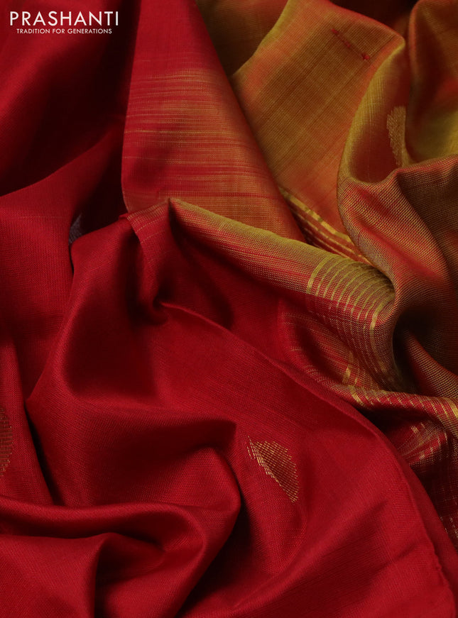 Pure uppada silk saree red and mustard yellow with silver & gold coin buttas and simple border