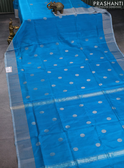 Pure uppada silk saree cs blue with silver zari woven coin buttas and silver zari woven border