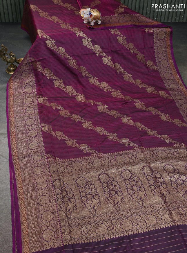 Banarasi handloom dupion silk saree dark magenta pink and purple with allover thread & zari weaves and zari woven border