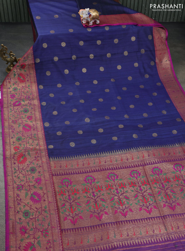 Banarasi handloom dupion silk saree dark blue and purple with thread & zari woven buttas and long rich floral design zari border