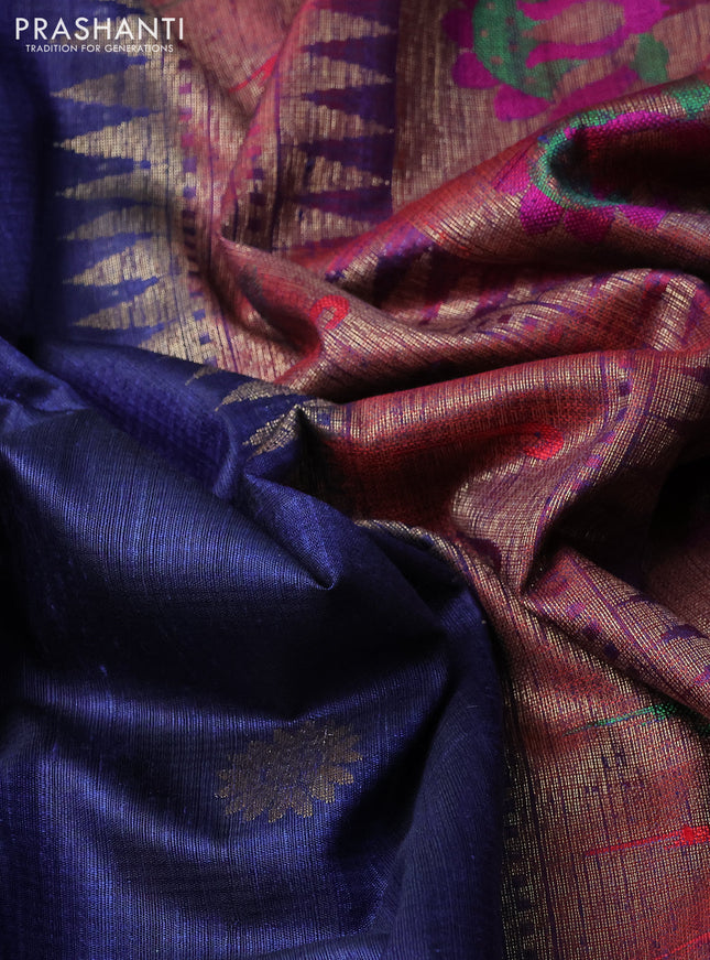 Banarasi handloom dupion silk saree dark blue and purple with thread & zari woven buttas and long rich floral design zari border