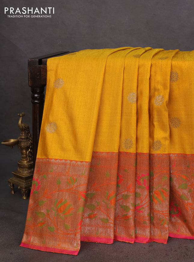 Banarasi handloom dupion silk saree mustard yellow and pink with thread & zari woven buttas and long rich floral design zari border