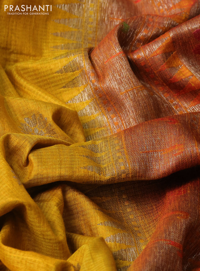 Banarasi handloom dupion silk saree mustard yellow and pink with thread & zari woven buttas and long rich floral design zari border