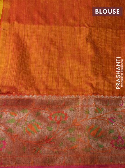 Banarasi handloom dupion silk saree mustard yellow and pink with thread & zari woven buttas and long rich floral design zari border