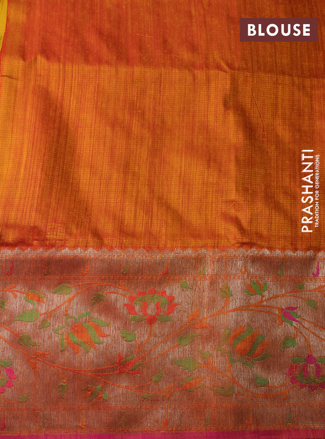 Banarasi handloom dupion silk saree mustard yellow and pink with thread & zari woven buttas and long rich floral design zari border
