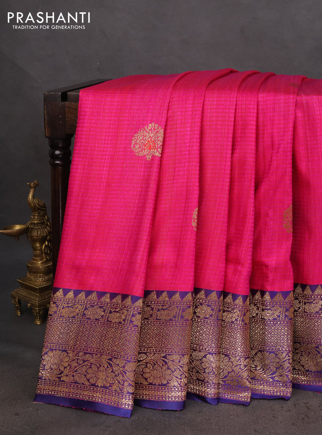 Banarasi handloom dupion silk saree pink and dark blue with woven buttas and woven border
