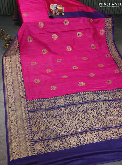 Banarasi handloom dupion silk saree pink and dark blue with woven buttas and woven border