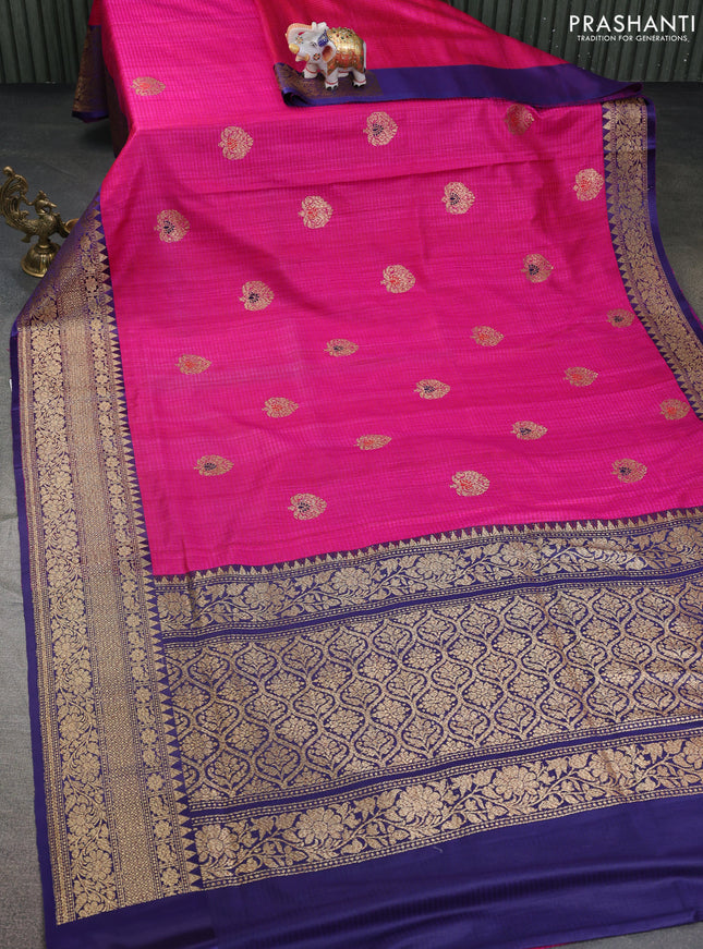 Banarasi handloom dupion silk saree pink and dark blue with woven buttas and woven border