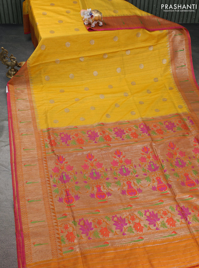 Banarasi handloom dupion silk saree mustard yellow and pink with woven coin buttas and zari woven muniya butta border