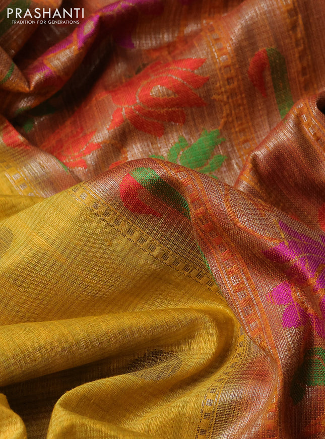 Banarasi handloom dupion silk saree mustard yellow and pink with woven coin buttas and zari woven muniya butta border