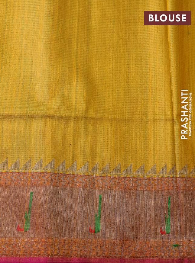 Banarasi handloom dupion silk saree mustard yellow and pink with woven coin buttas and zari woven muniya butta border