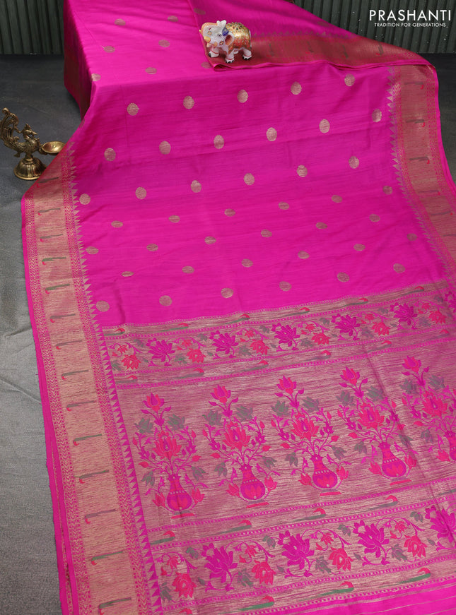 Banarasi handloom dupion silk saree pink with woven coin buttas and zari woven muniya butta border
