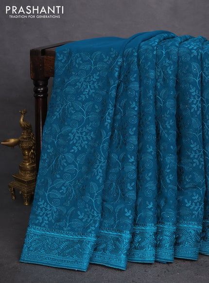 Semi georgette saree teal green with allover chikankari & stone work