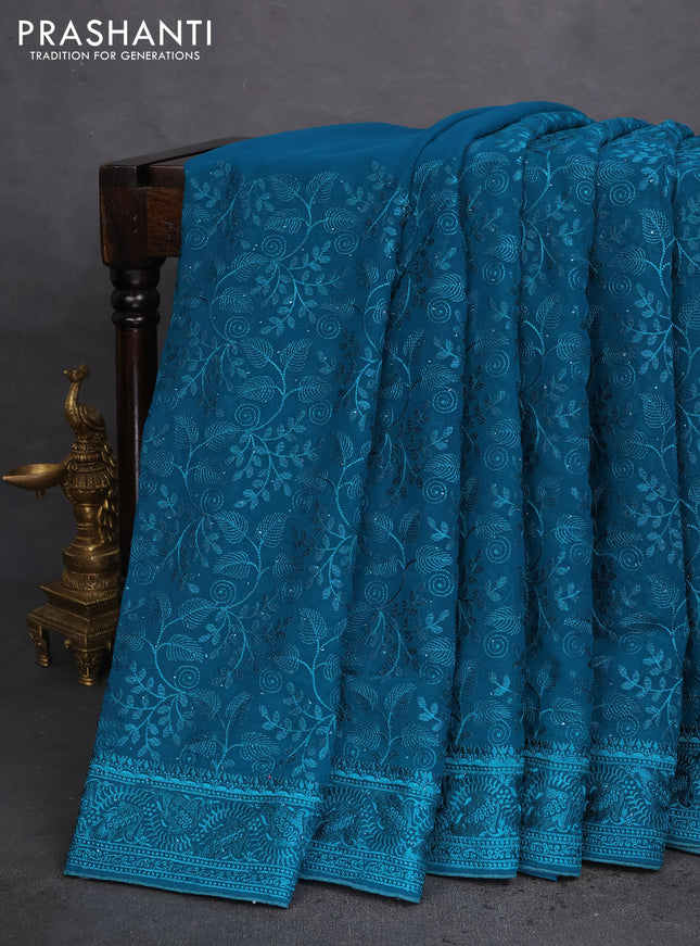 Semi georgette saree teal green with allover chikankari & stone work