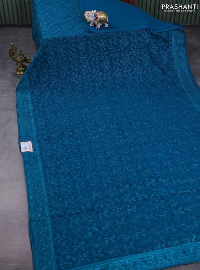 Semi georgette saree teal green with allover chikankari & stone work