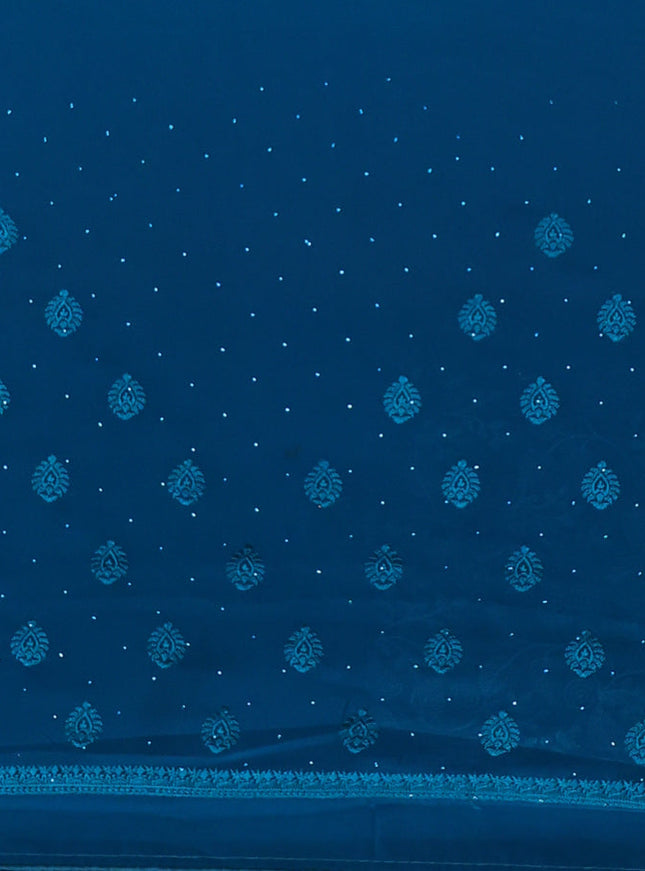 Semi georgette saree teal green with allover chikankari & stone work