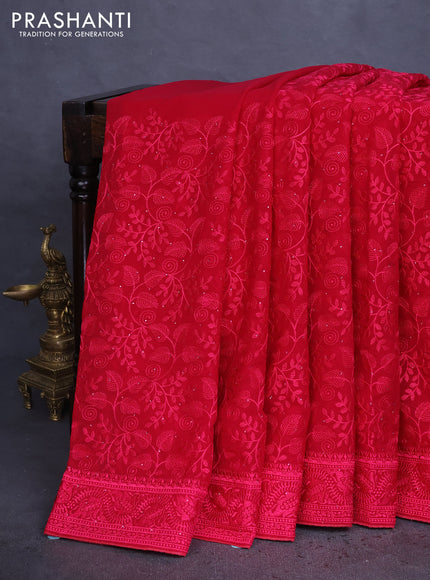 Semi georgette saree dark pink with allover chikankari & stone work
