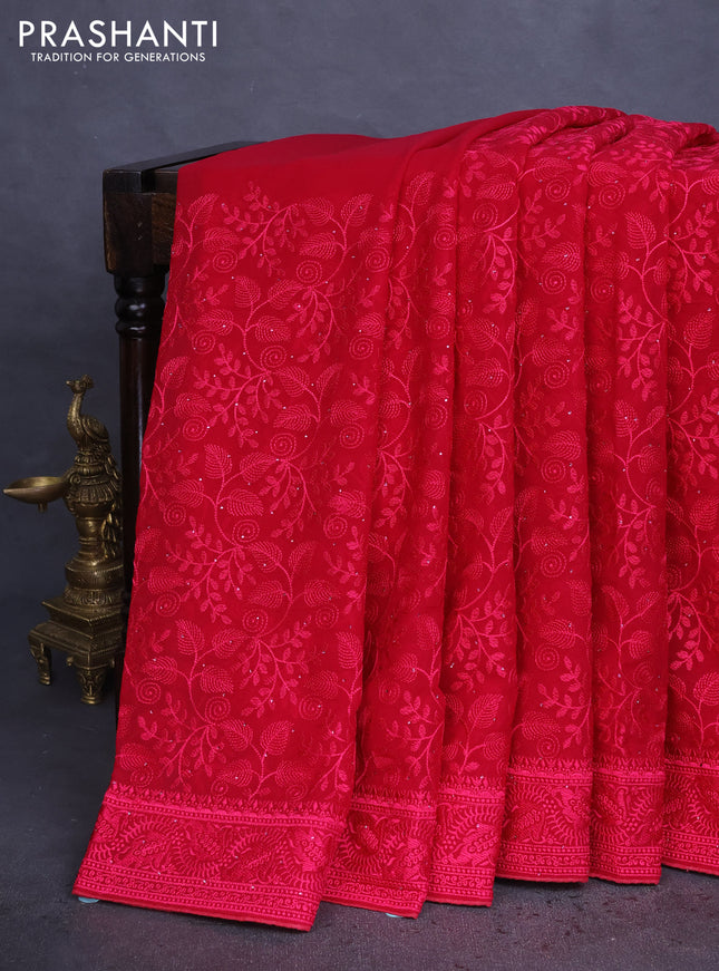 Semi georgette saree dark pink with allover chikankari & stone work