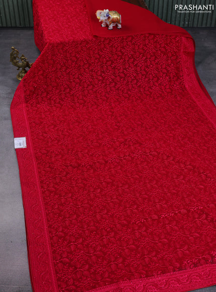 Semi georgette saree dark pink with allover chikankari & stone work