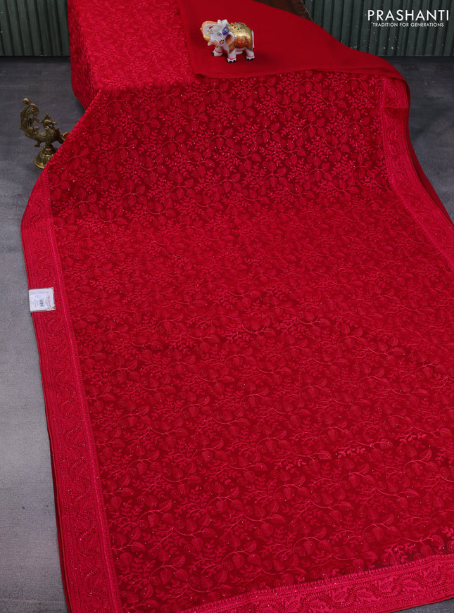 Semi georgette saree dark pink with allover chikankari & stone work